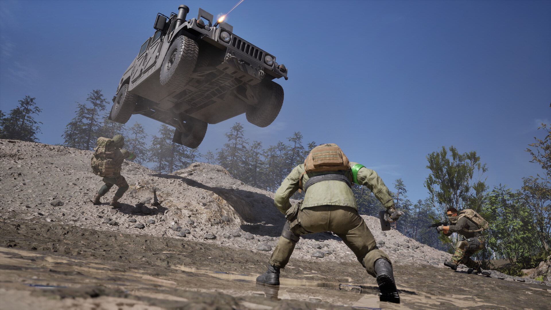 A squad in green and tan camouflage advancing up a rocky hillside while a Humvee catches air over the ridge crest