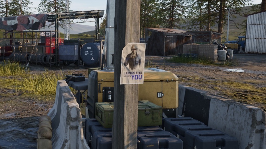 A Lonestar recruitment poster reading "LONESTAR NEEDS YOU" taped to a pole at a sunlit forward base with supply crates