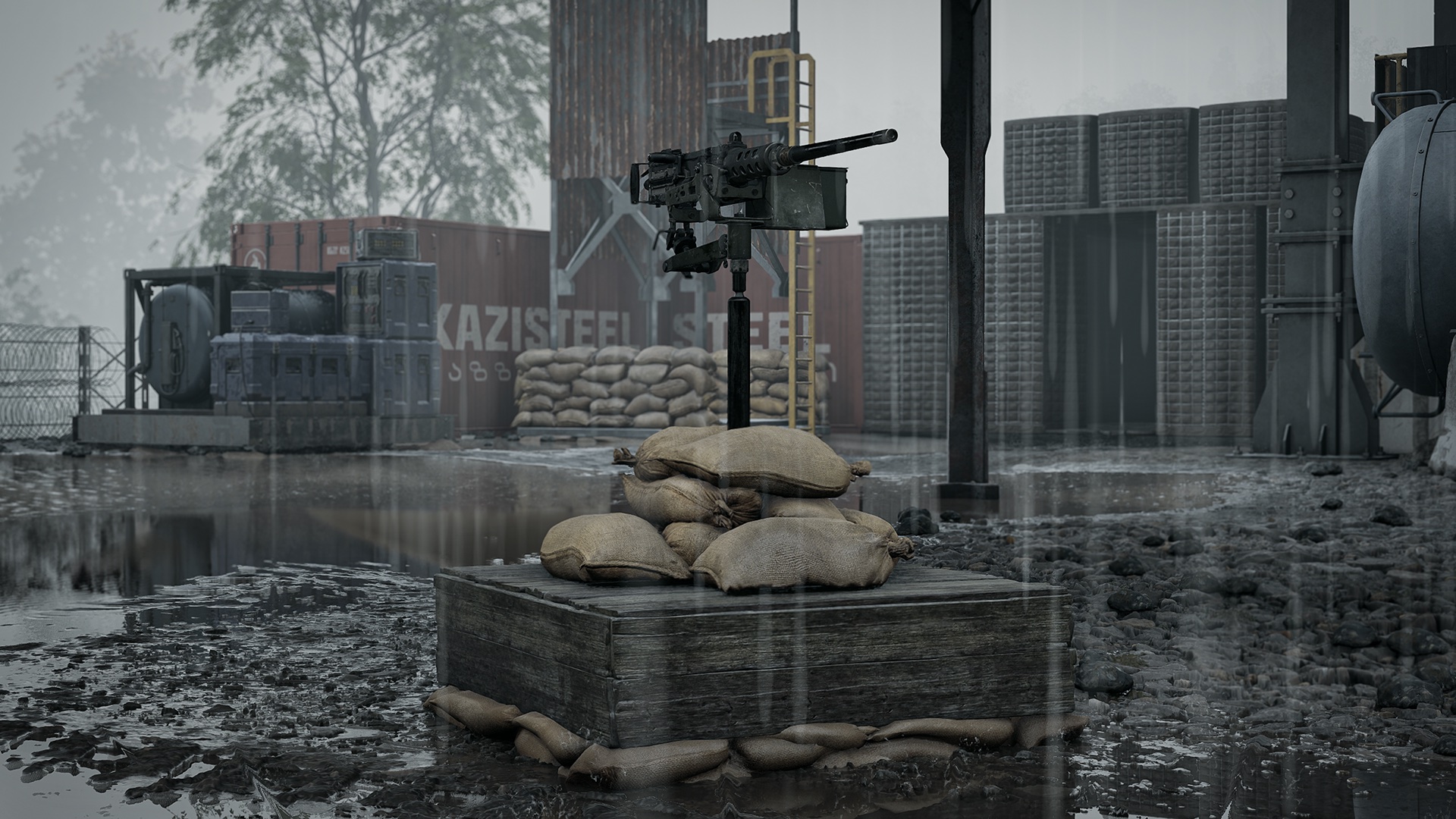 The new MG Nest buildable — an M2 Browning on a pedestal mount atop a sandbagged wooden platform in the rain