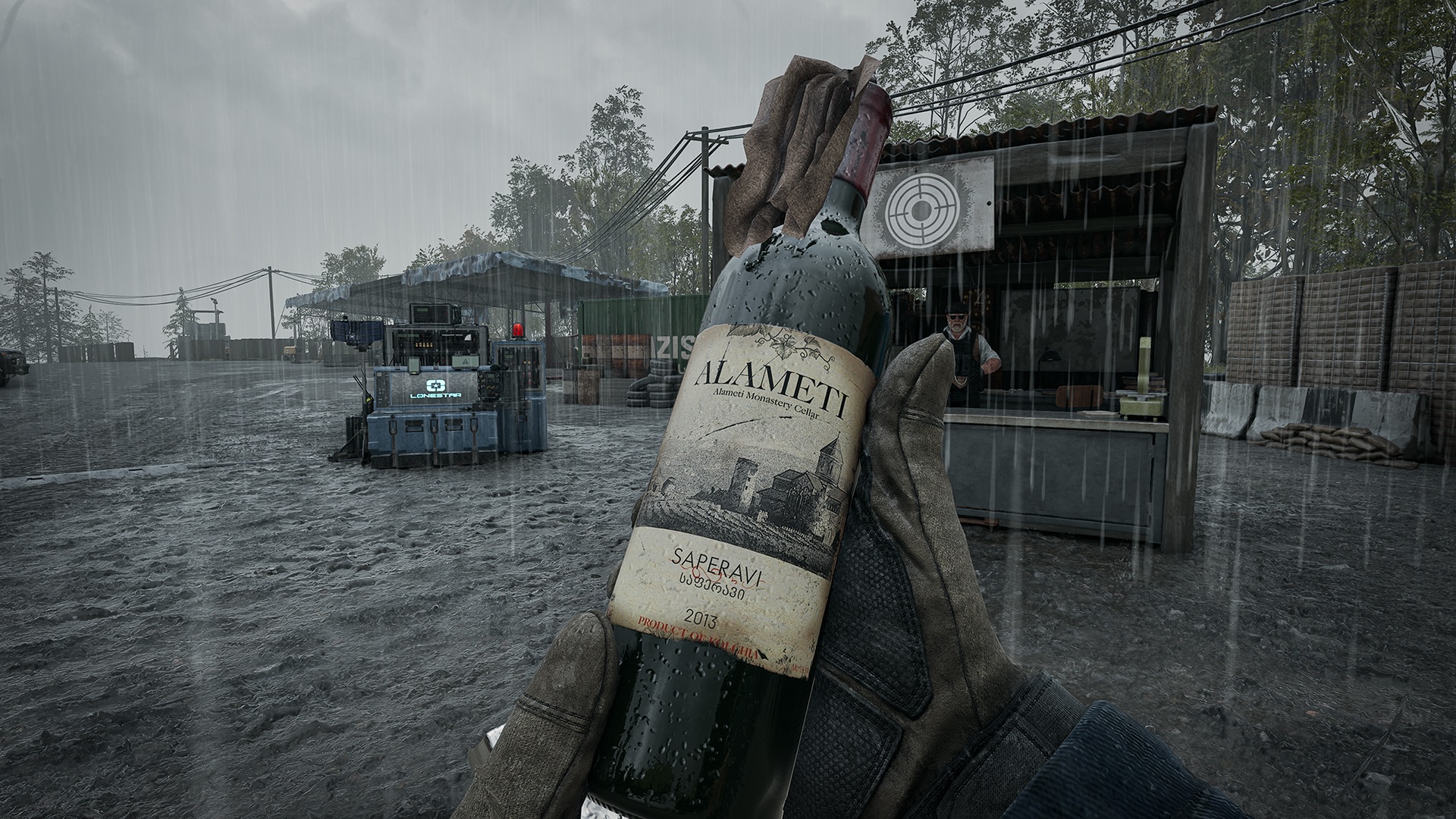 First-person view holding the new Molotov — a wine-bottle improvised incendiary — up to the camera at a rainy market stall with a vendor NPC behind the counter