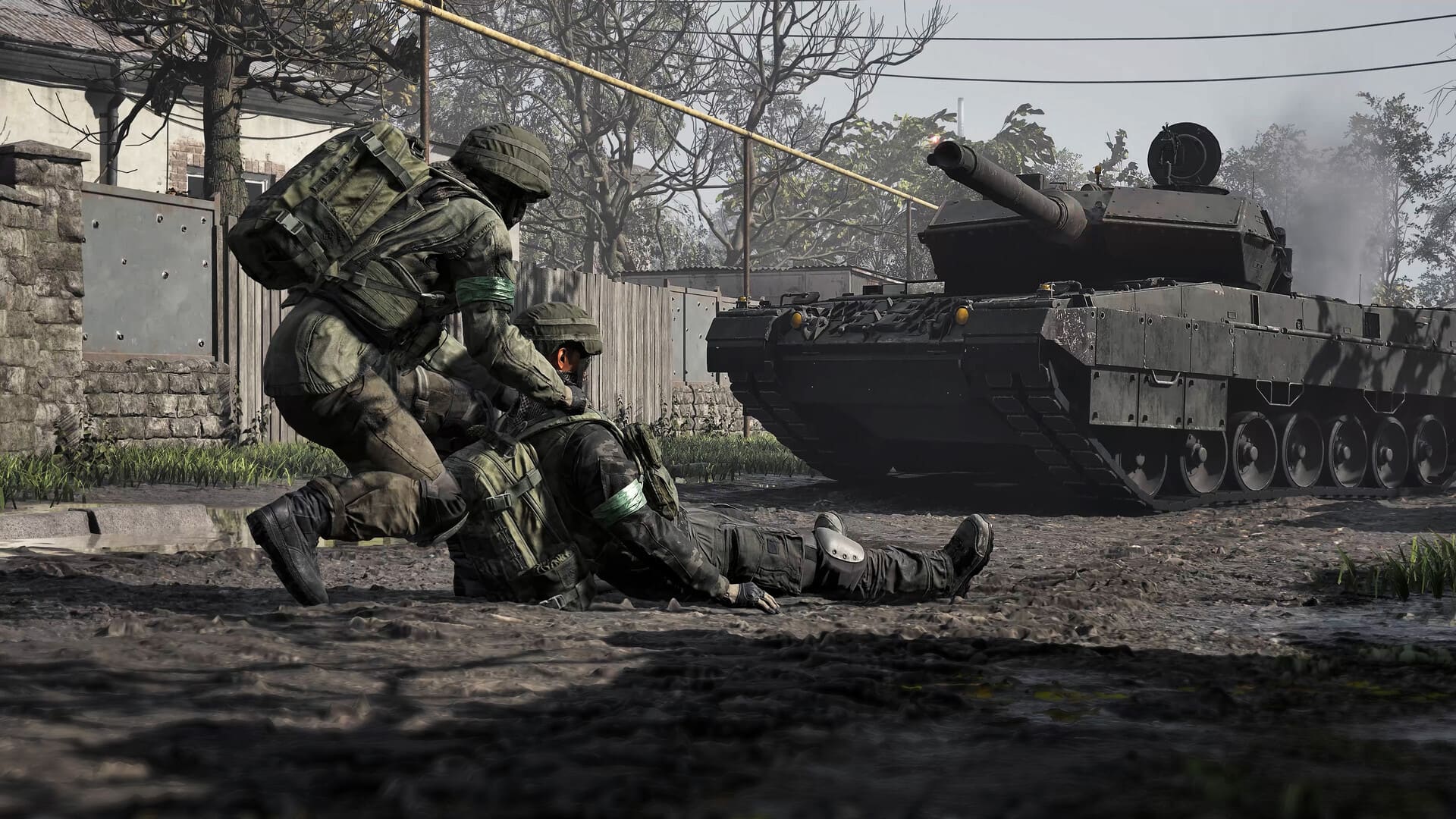 A teammate steadies a downed player while armor holds the line behind