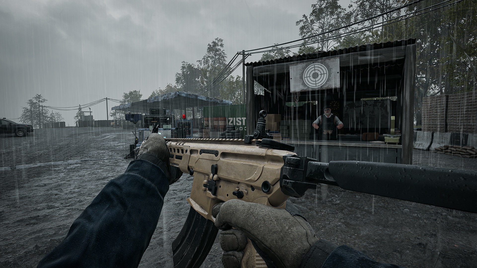 First-person view holding the new tan TCX-SPR assault rifle at a rainy market stall, a vendor NPC waiting behind the counter under a rain-soaked target sign