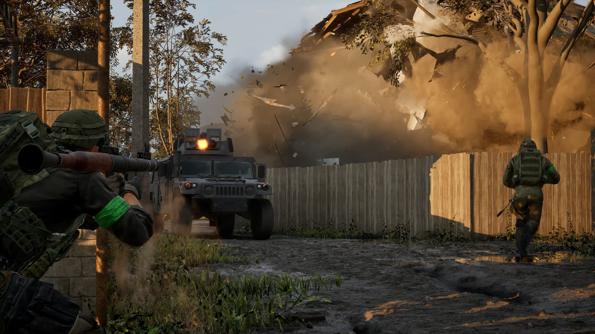 Close-quarters street fight with a compact SMG at the ready