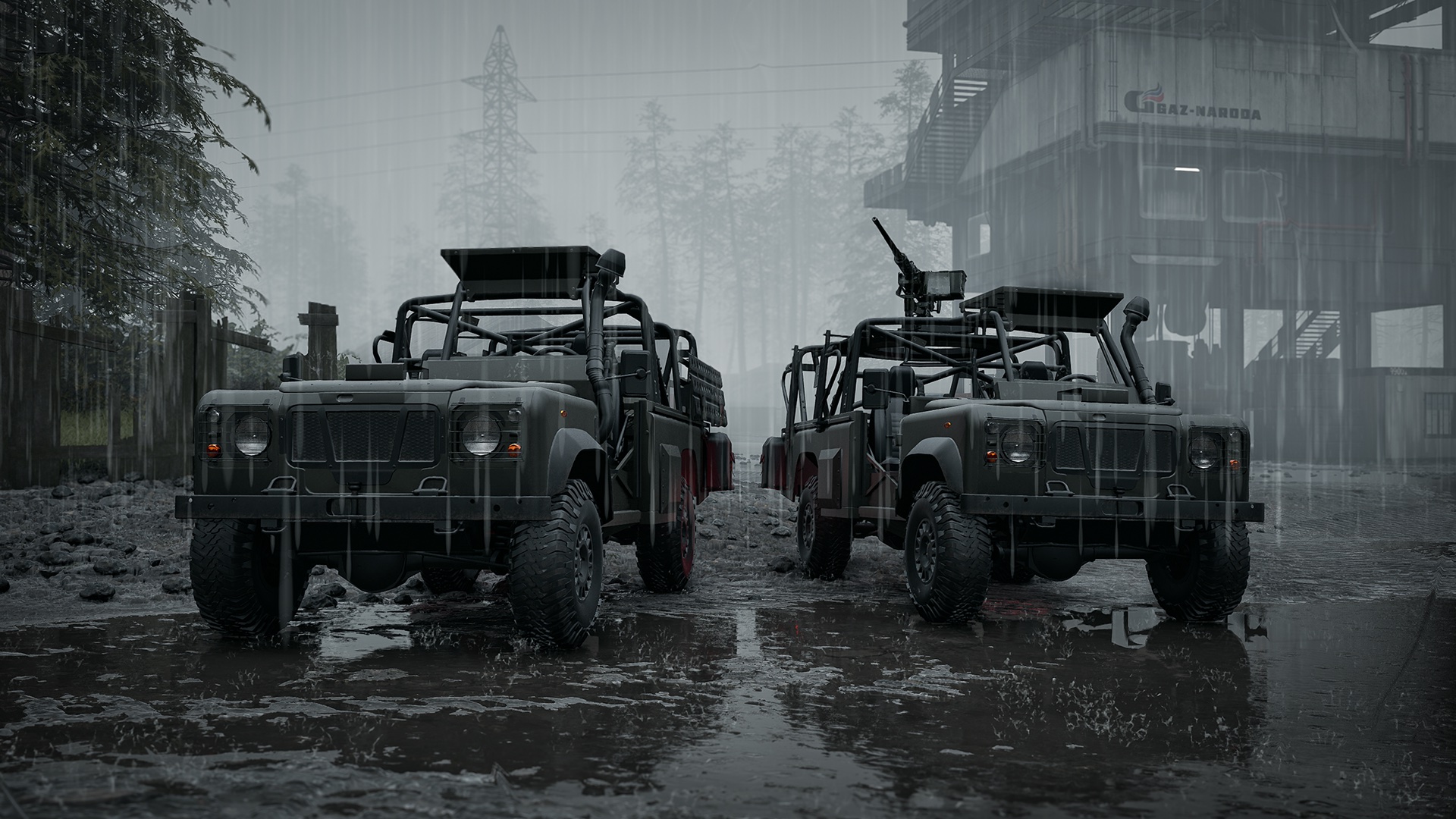 The Wolf-110 pair side by side in heavy rain — the unarmed light transport next to the ring-mounted M2 Browning variant, standing water on the forest road